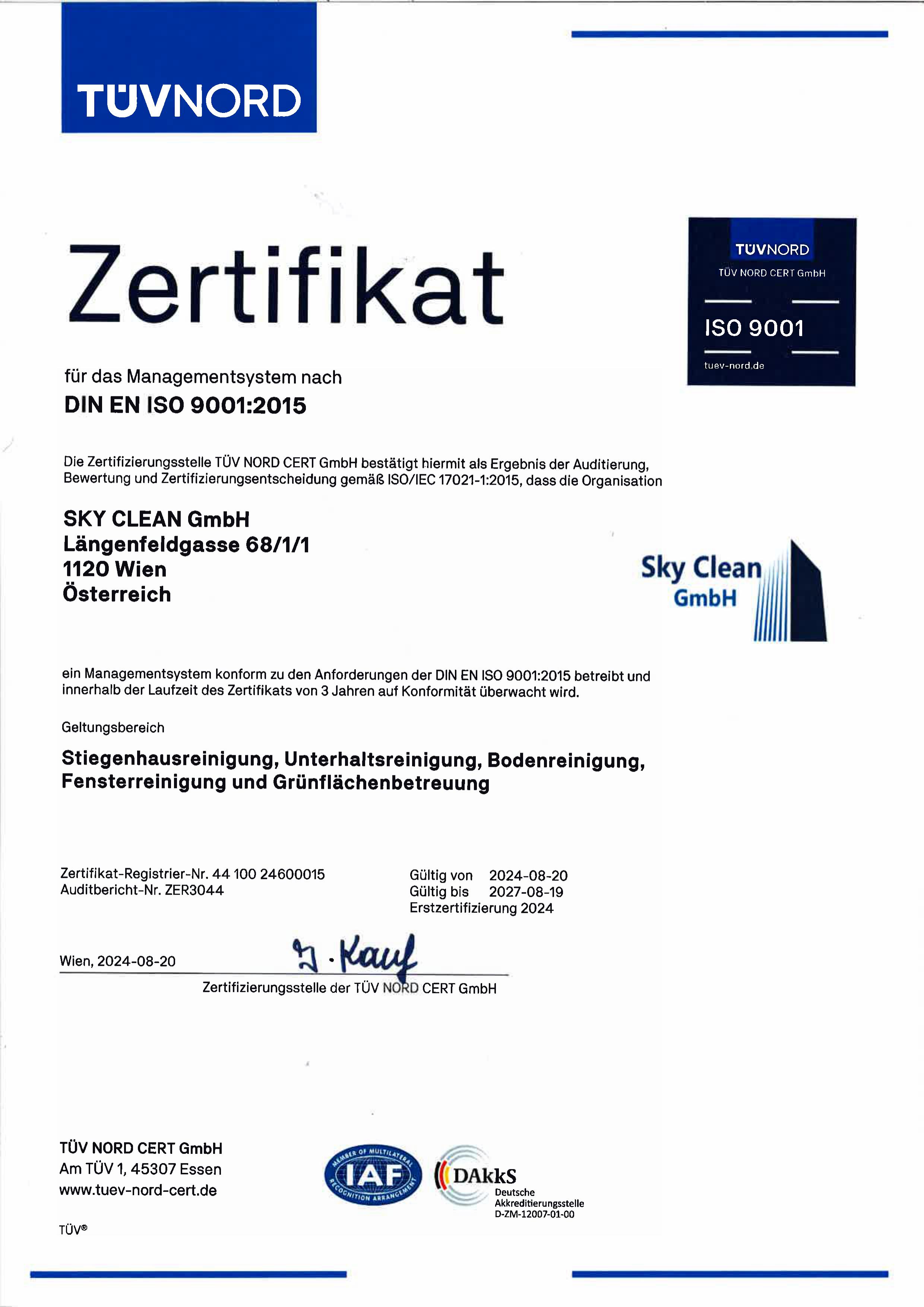 Zertifikat für das Managementsystem nach DIN EN ISO 9001:2015